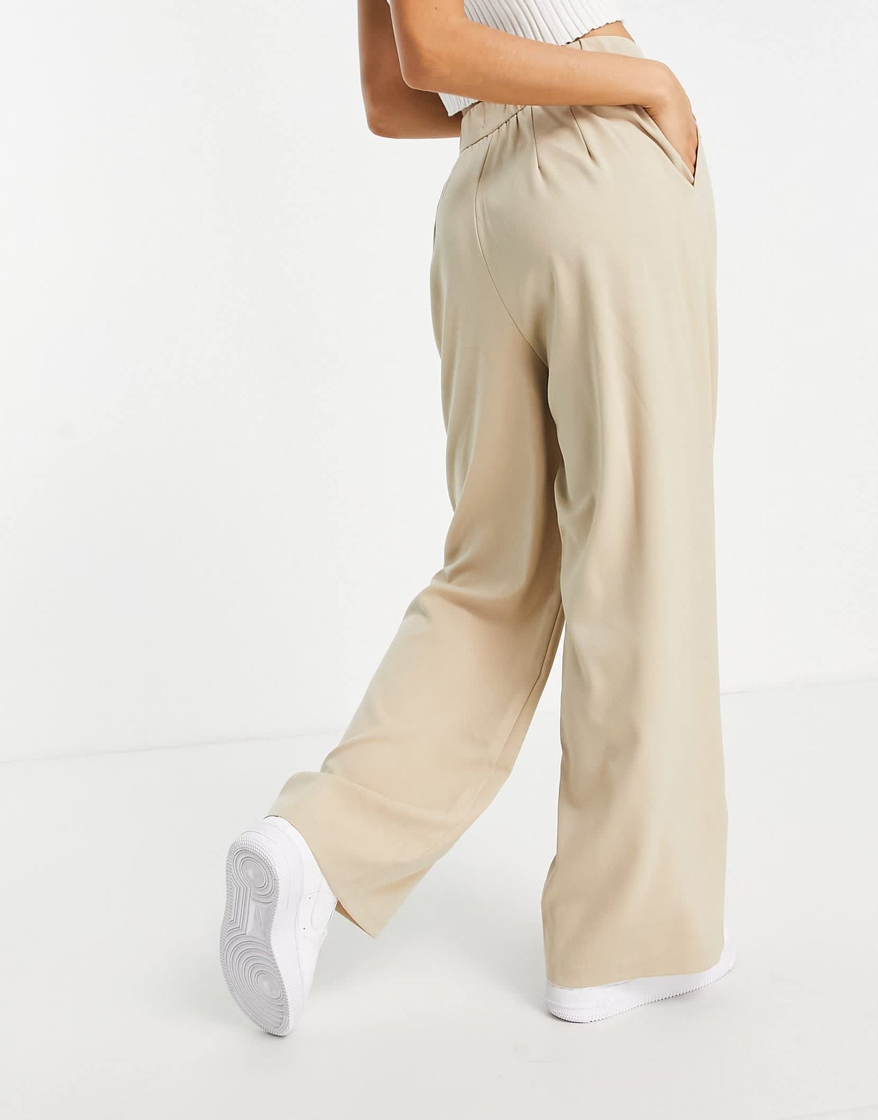 Stradivarius Petite wide leg relaxed dad trouser in beige