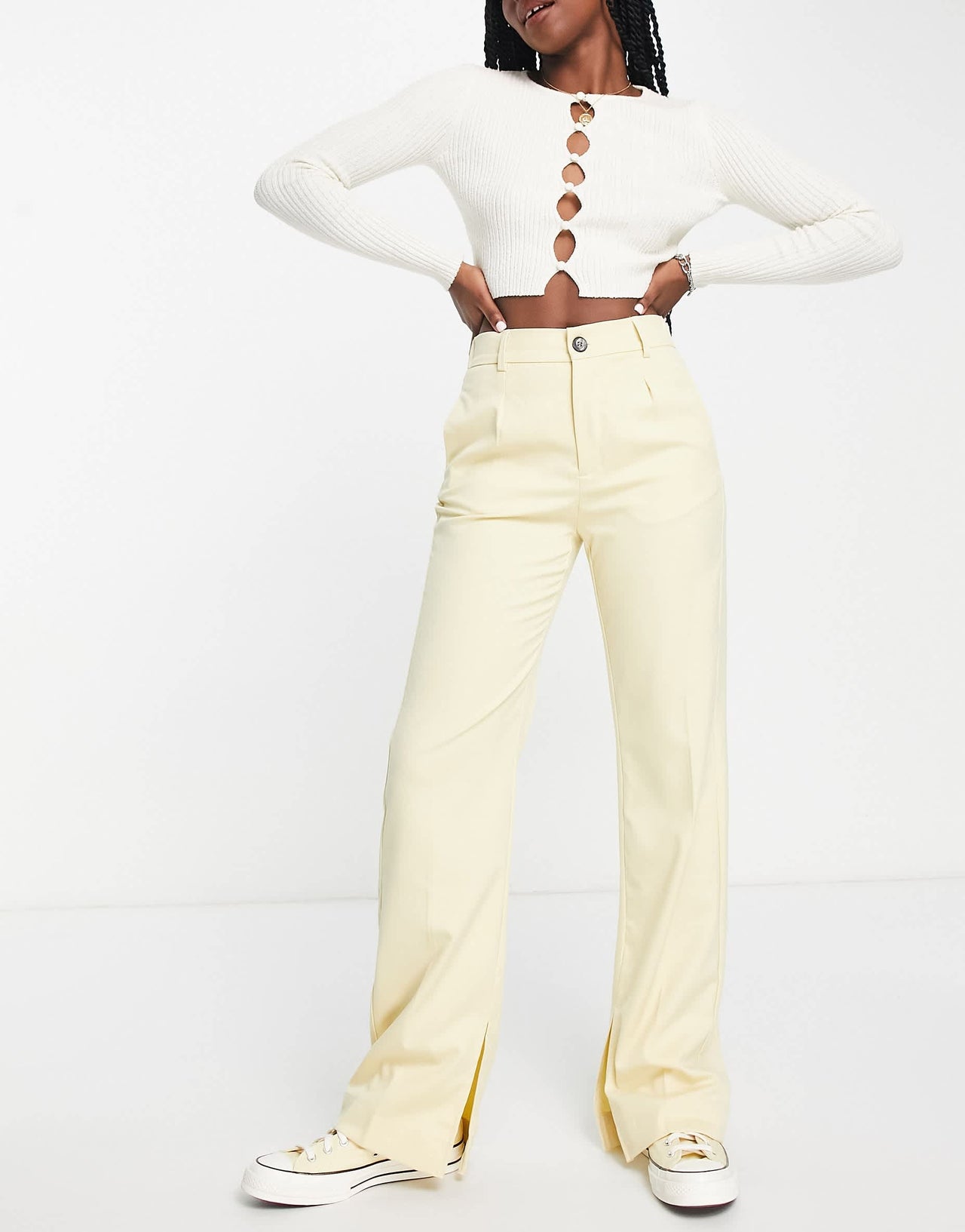 Bershka straight leg split hem tailored trouser in sand