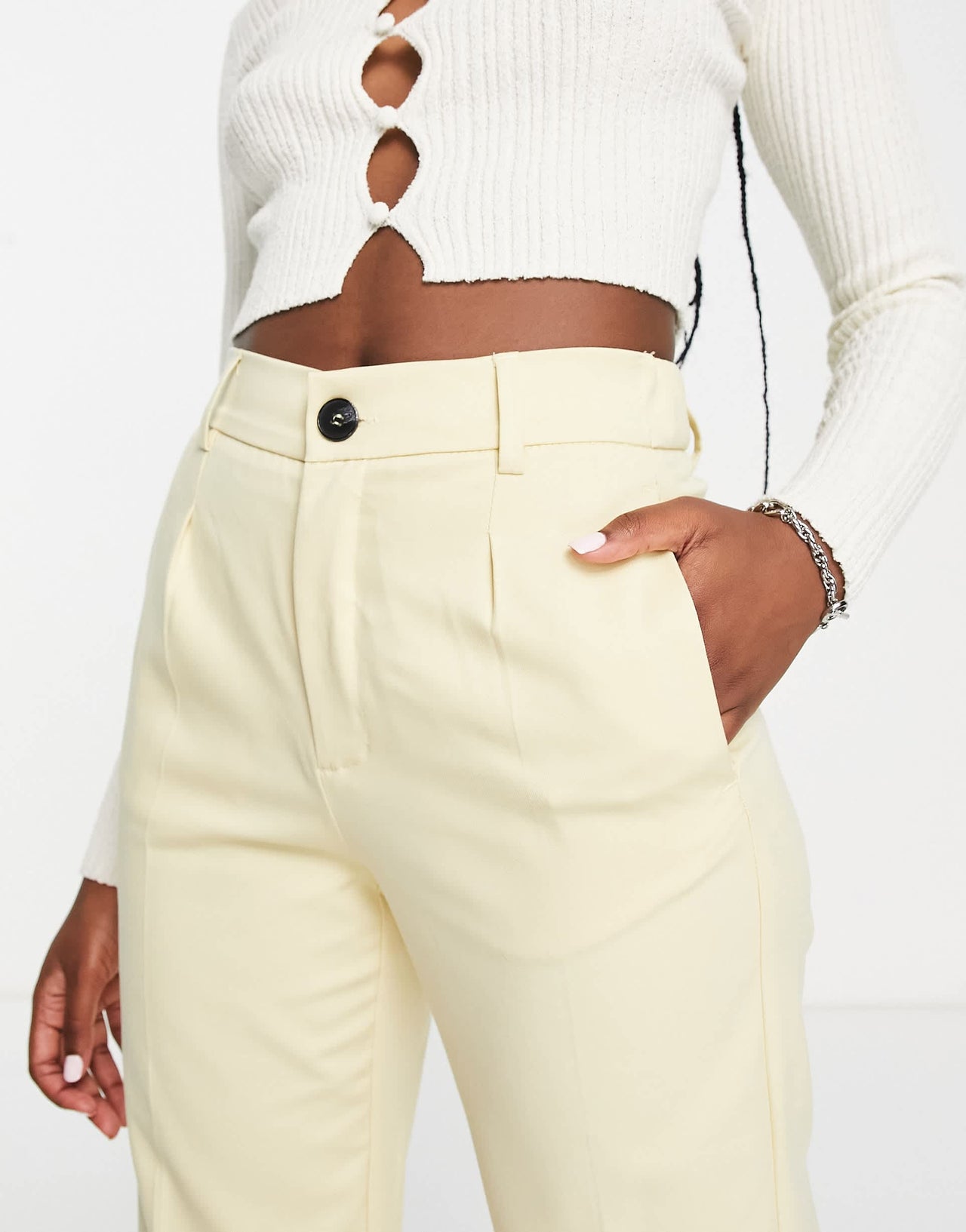 Bershka straight leg split hem tailored trouser in sand
