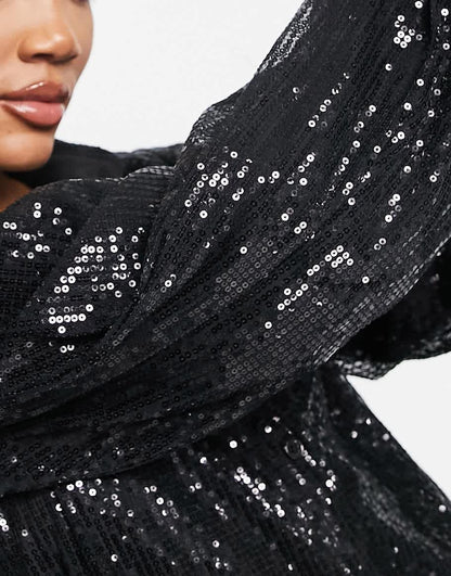 NaaNaa sequin mini shirt dress with long sleeves in black