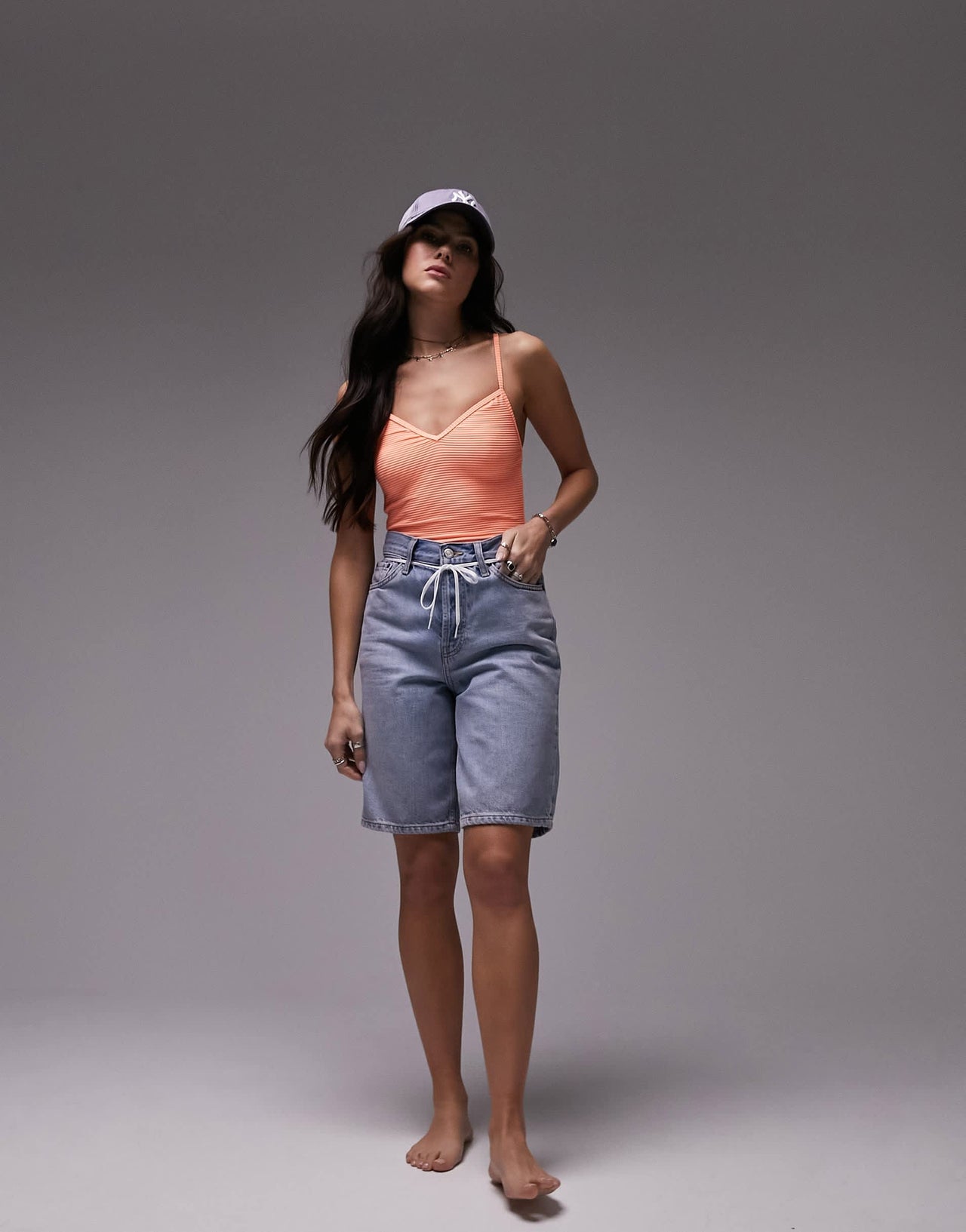 Topshop tie back strappy swimsuit in coral rib