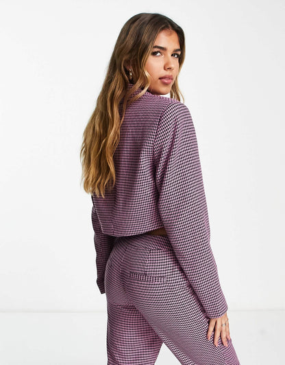 Stradivarius boucle blazer in purple & black check co-ord
