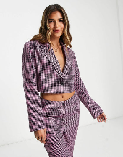 Stradivarius boucle blazer in purple & black check co-ord