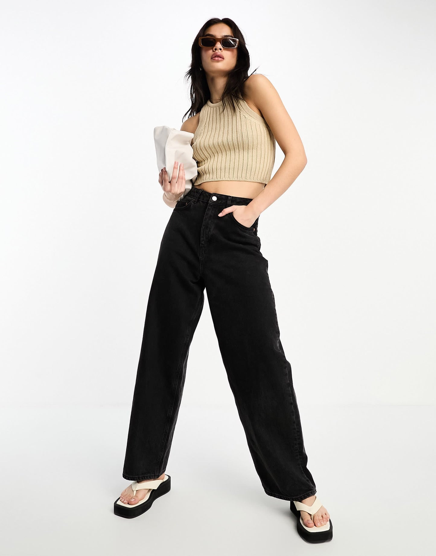 ASOS DESIGN knitted crop racer vest in chunky stitch in stone