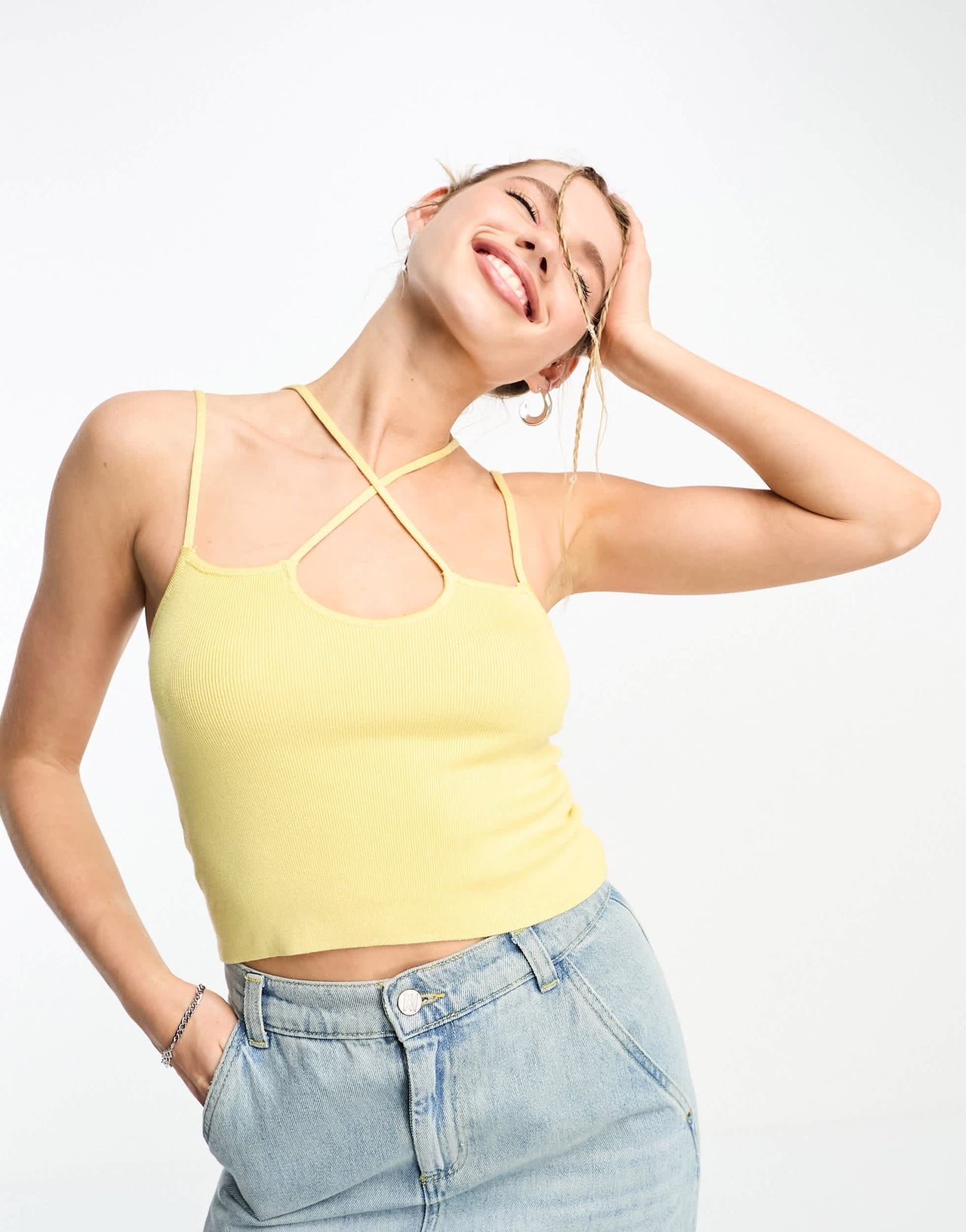 ASOS DESIGN knitted cami with cross over strap in yellow