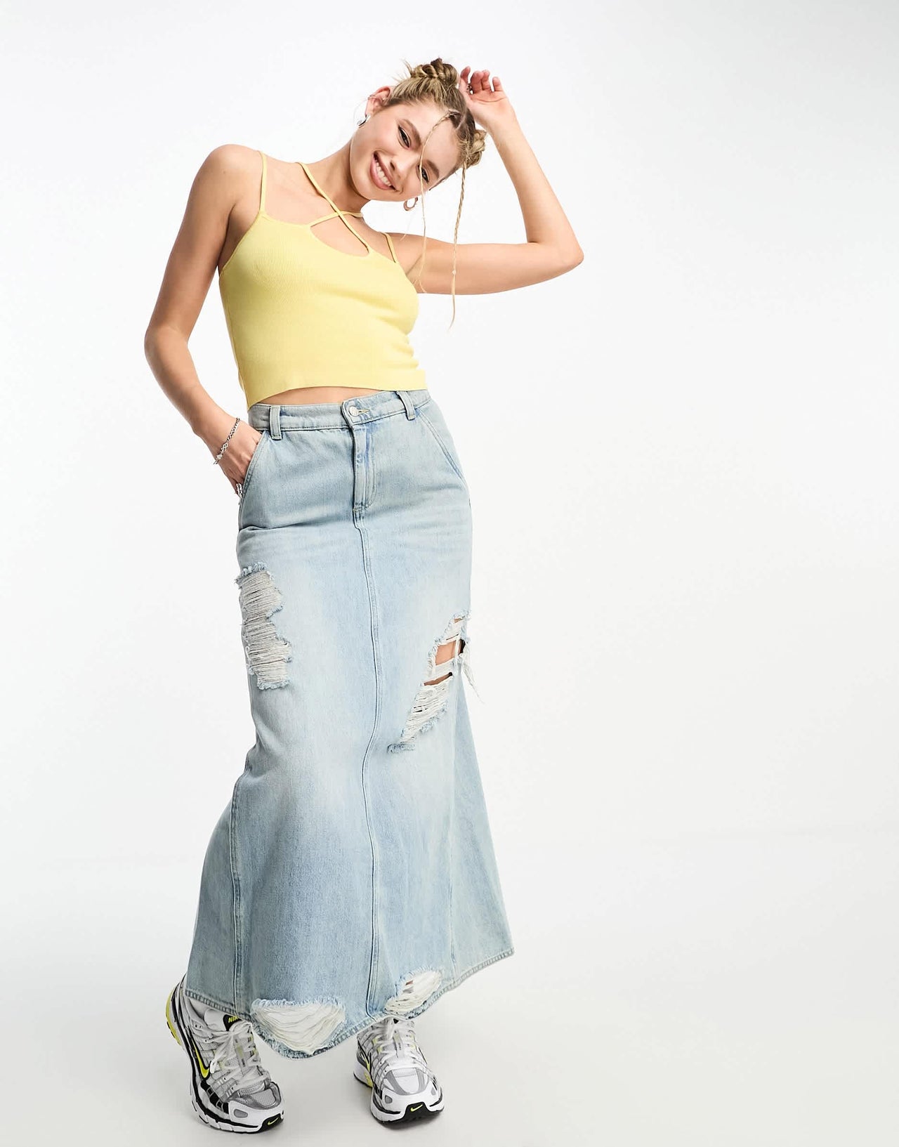 ASOS DESIGN knitted cami with cross over strap in yellow