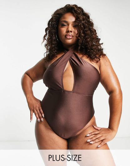 South Beach Curve Exclusive cut out halter swimsuit in brown