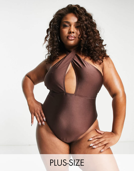 South Beach Curve Exclusive cut out halter swimsuit in brown
