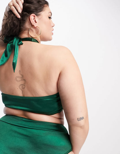 South Beach Curve Exclusive halter wrap bikini top in high shine emerald green