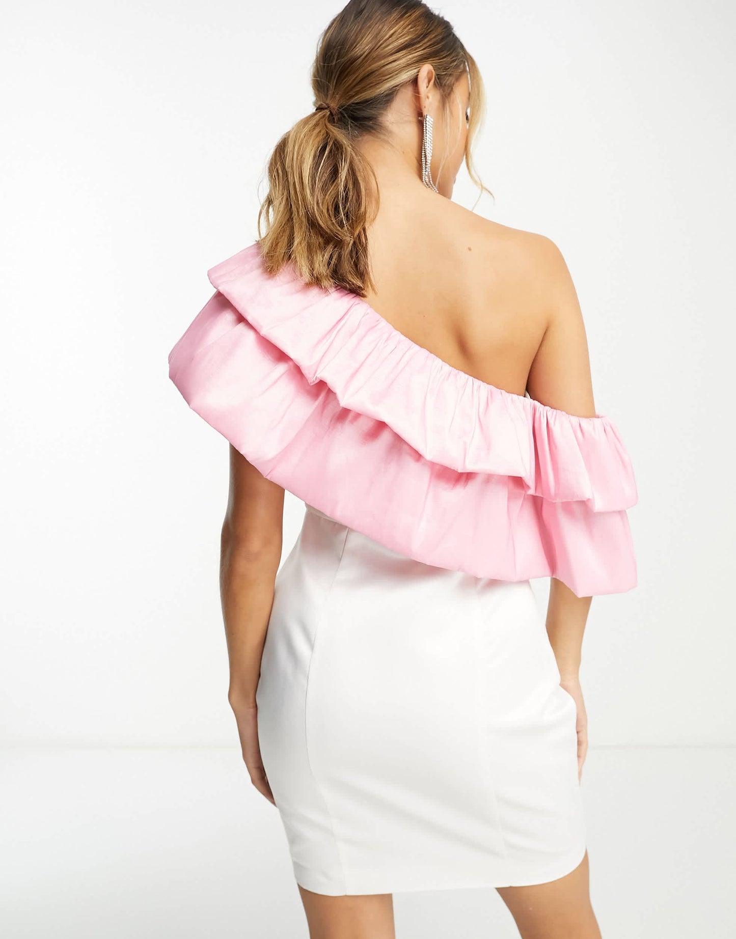 Band Of Stars Premium one shoulder extreme contrast ruffle detail mini dress in white & pink