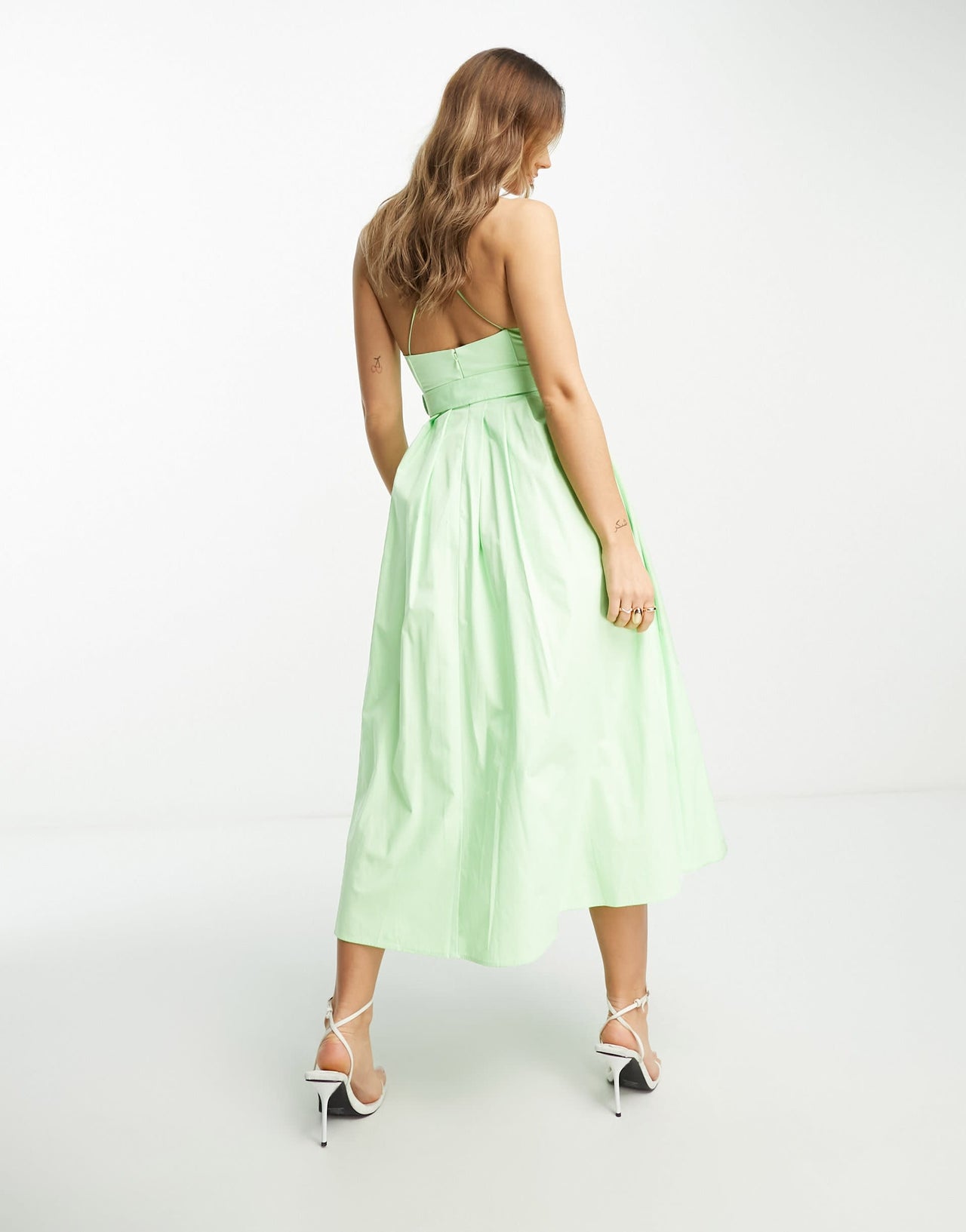 ASOS DESIGN cotton cut out pleat detail midi dress with belt in lime green
