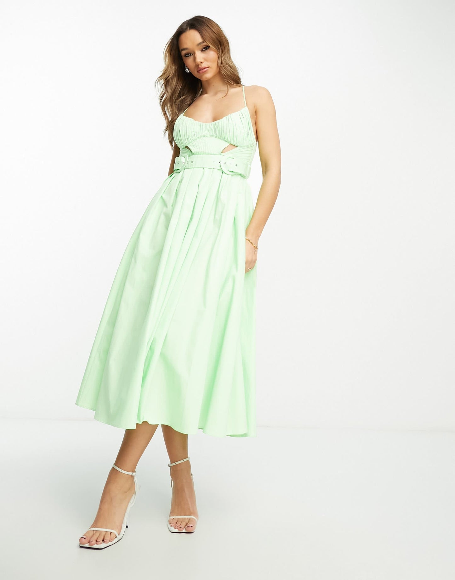 ASOS DESIGN cotton cut out pleat detail midi dress with belt in lime green