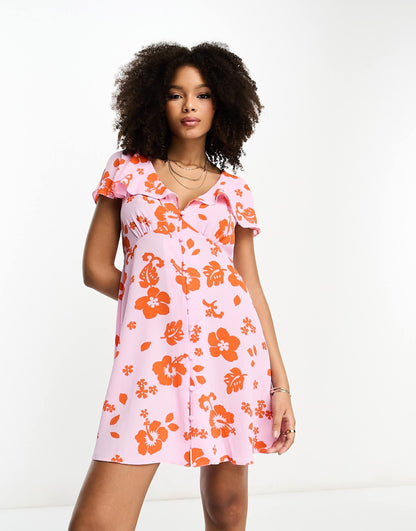 ASOS DESIGN flutter sleeve mini tea dress with buttons in pink and red floral print