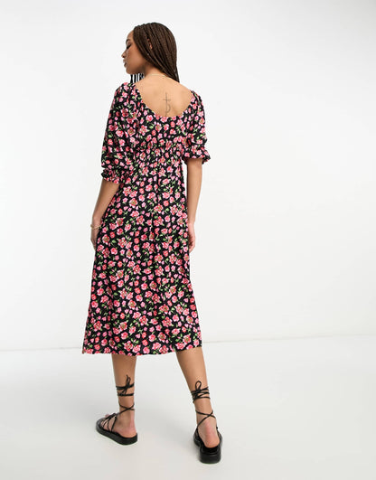 Miss Selfridge long sleeve milkmaid midi dress in red ditsy floral