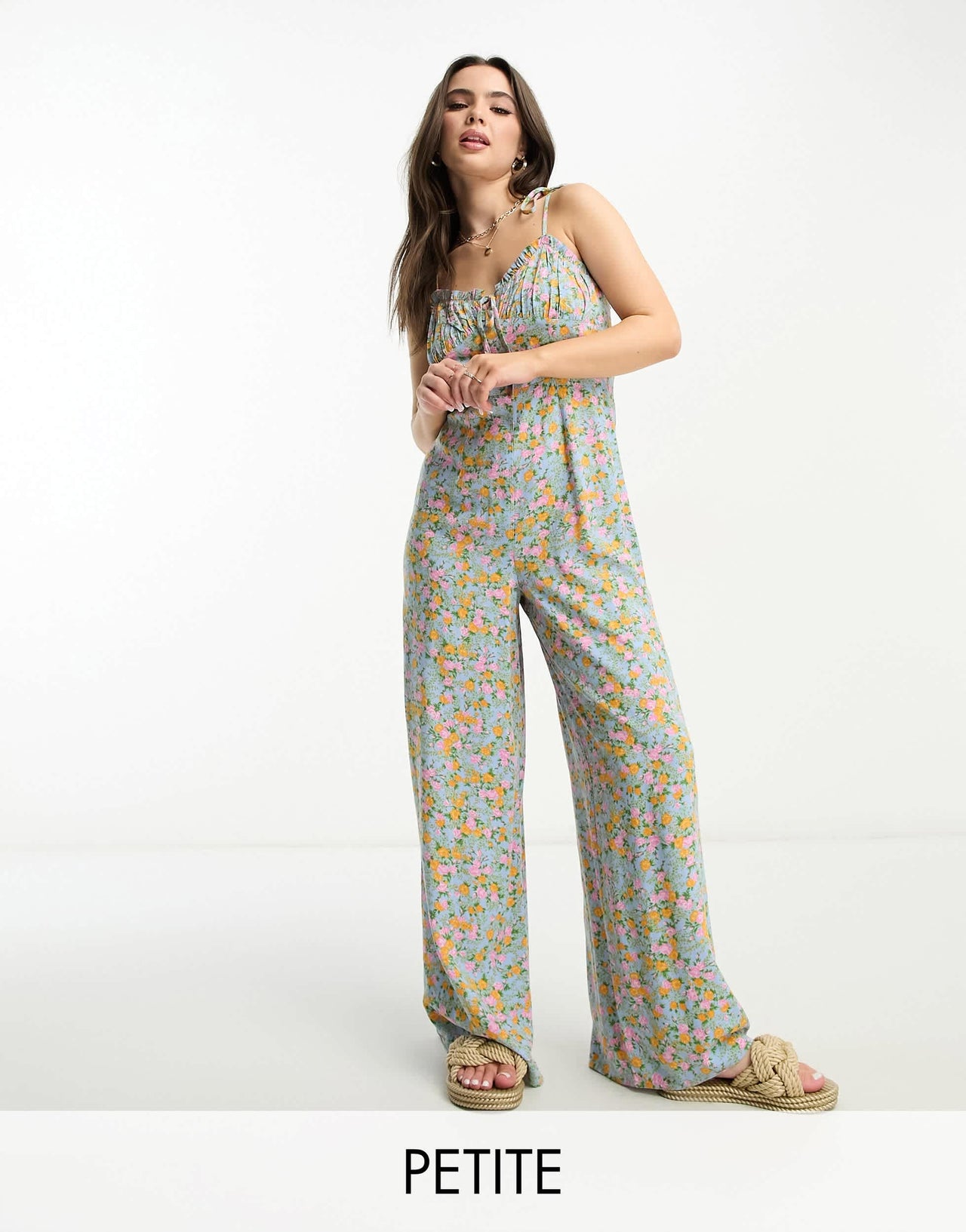 Miss Selfridge Petite strappy wide leg jumpsuit in blue ditsy