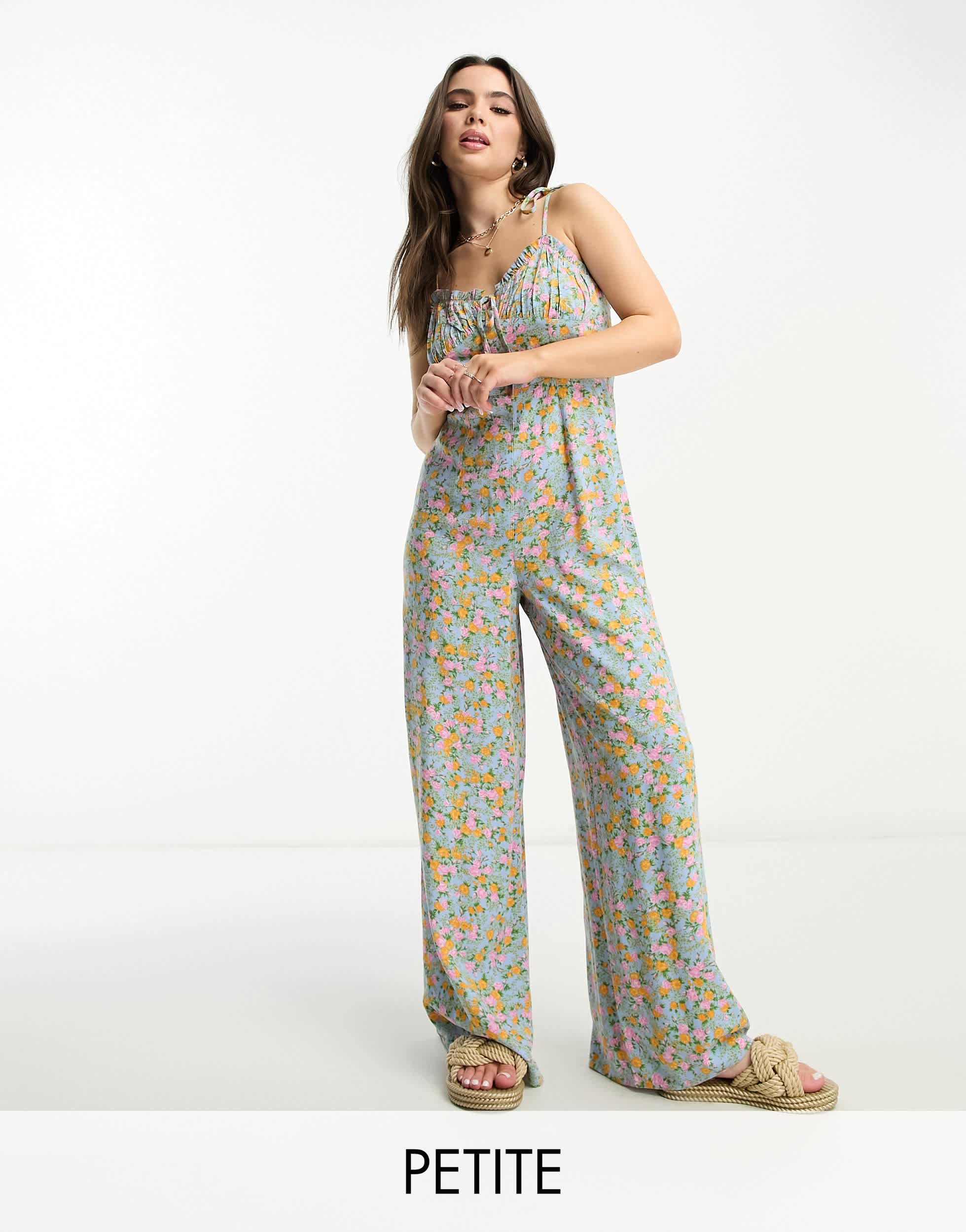 Miss Selfridge Petite strappy wide leg jumpsuit in blue ditsy