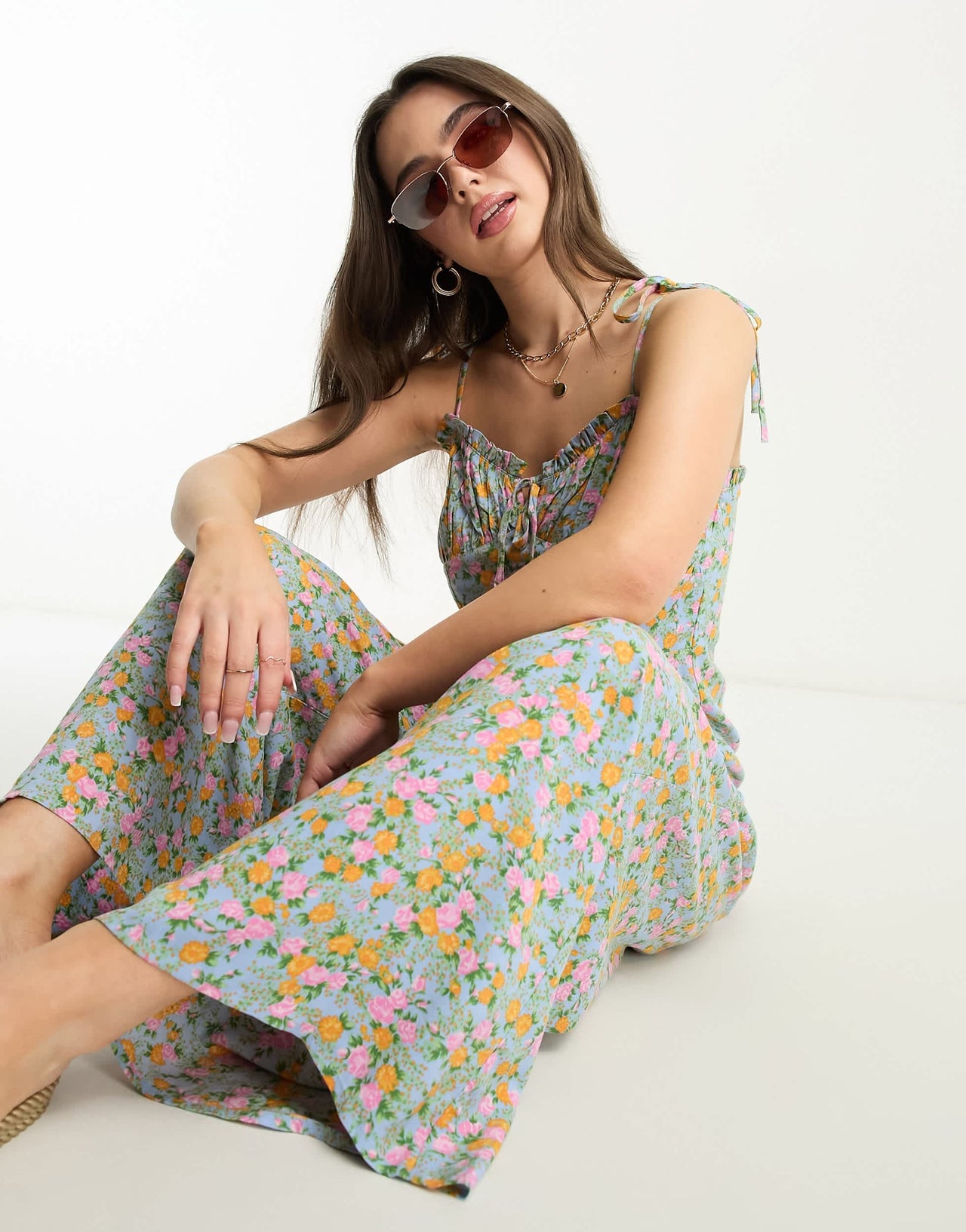 Miss Selfridge Petite strappy wide leg jumpsuit in blue ditsy