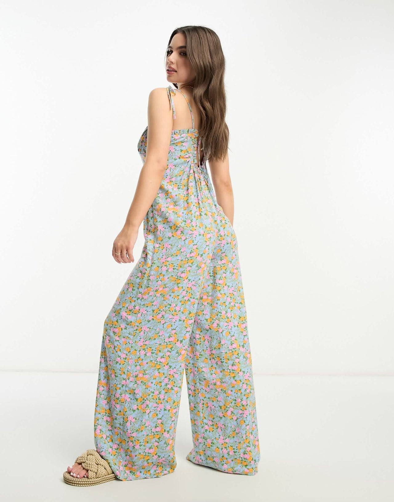 Miss Selfridge Petite strappy wide leg jumpsuit in blue ditsy