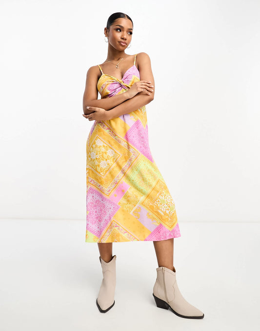 Miss Selfridge twist front midi slip dress in multicolour scarf print