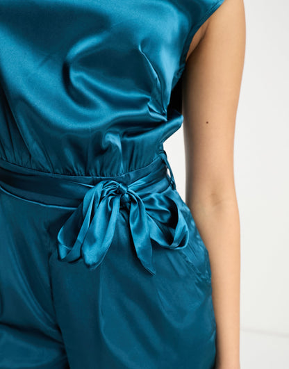 Heartbreak satin high neck ruched jumpsuit in teal
