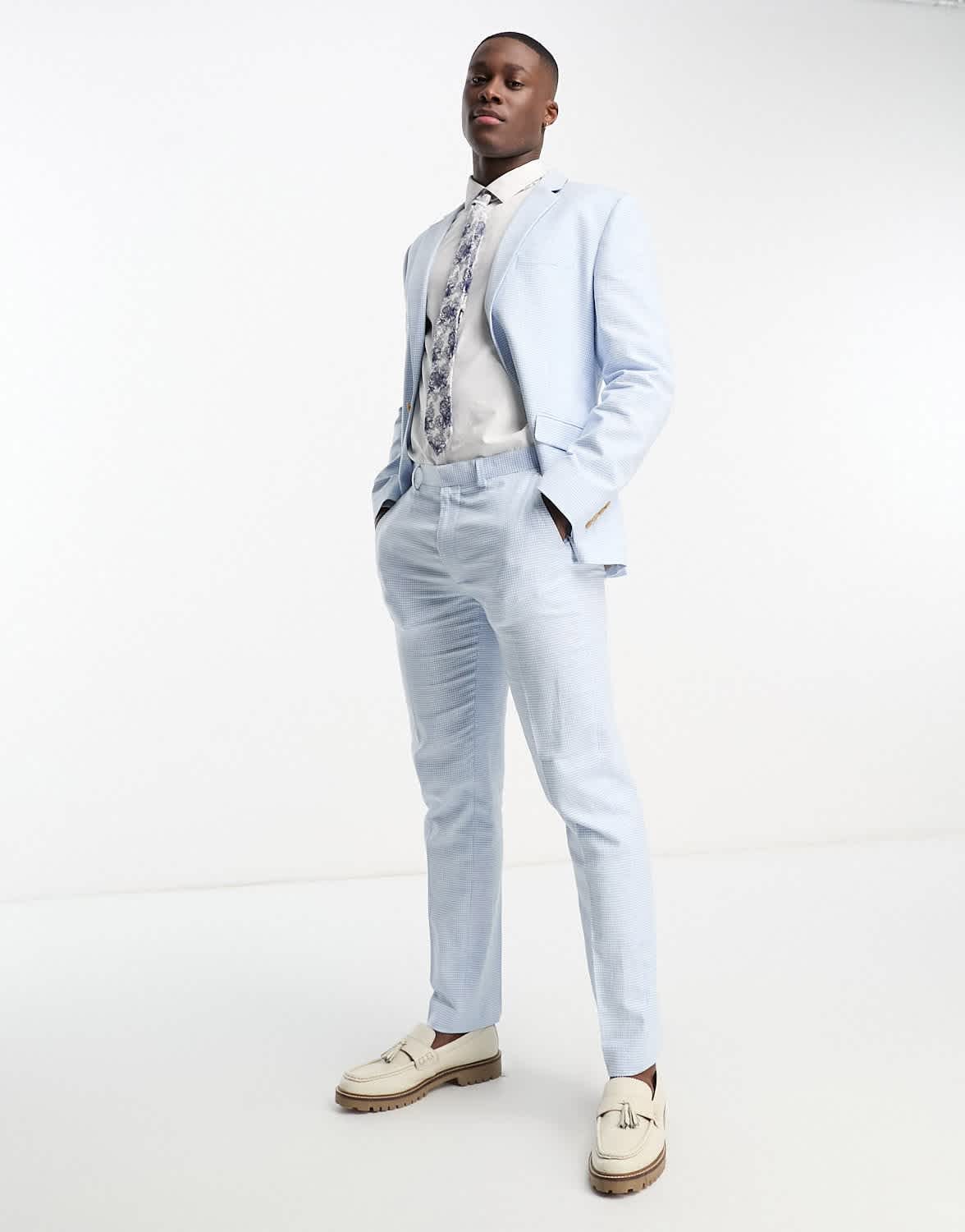 ASOS DESIGN slim suit jacket in linen in puppytooth in blue