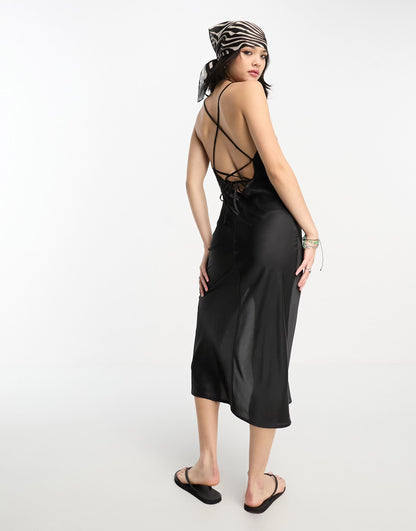 Reclaimed Vintage midi cami dress in black with tie back