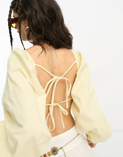 Reclaimed Vintage super crop long sleeve tie front linen look top