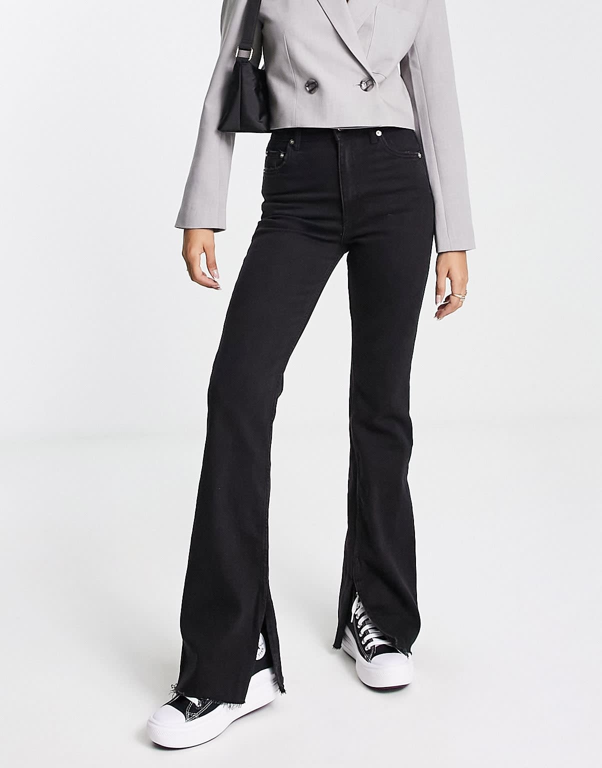 Pull&Bear high waisted split hem flare jean in black
