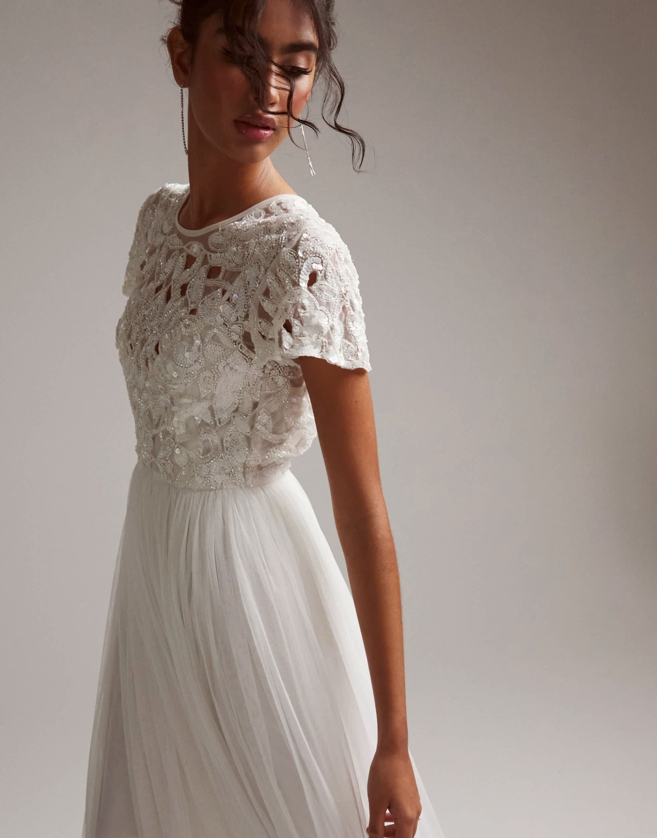 ASOS DESIGN Isabelle sequin cutwork bodice maxi wedding dress with cap sleeve in