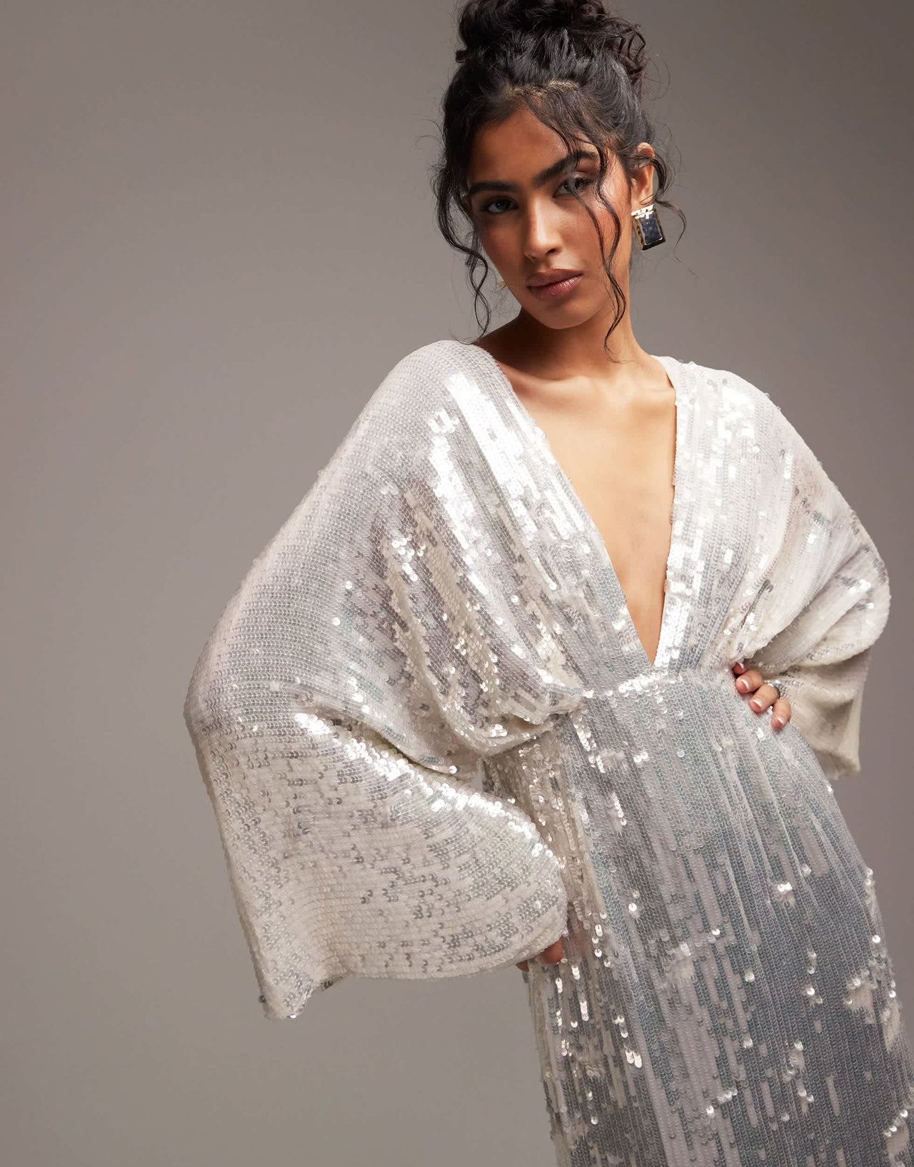 ASOS DESIGN Harriet sequin plunge kimono sleeve wedding dress in ivory