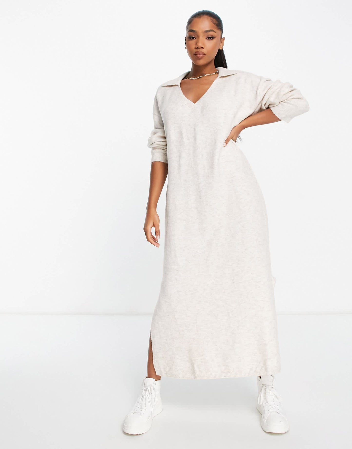 Bershka collared knitted midi dress in sand