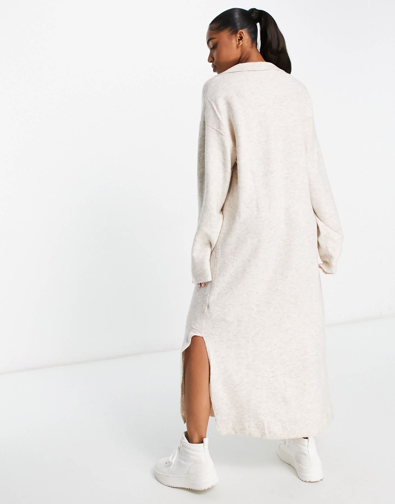 Bershka collared knitted midi dress in sand