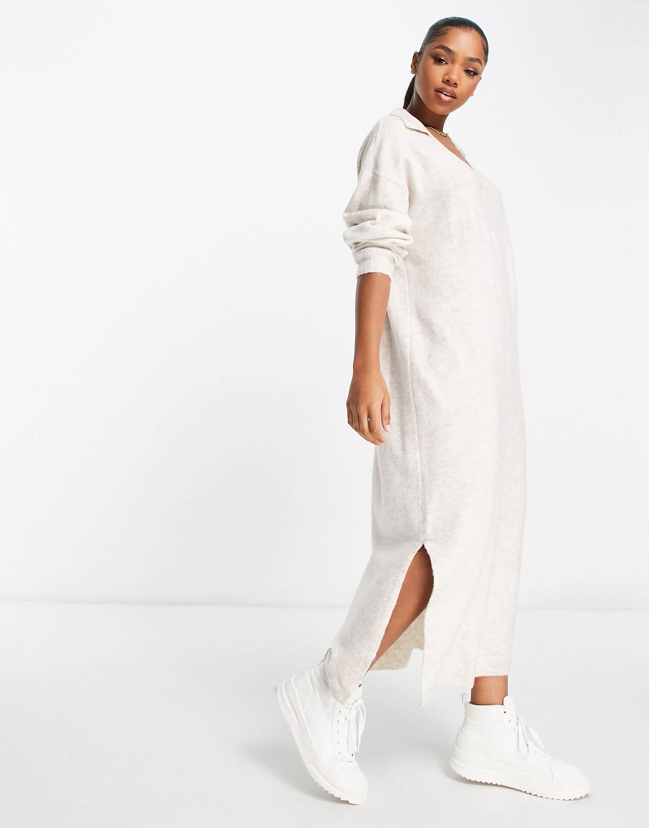 Bershka collared knitted midi dress in sand
