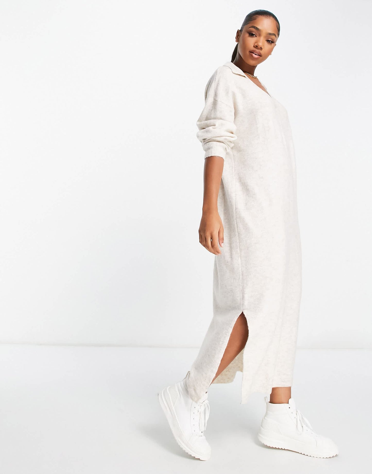 Bershka collared knitted midi dress in sand