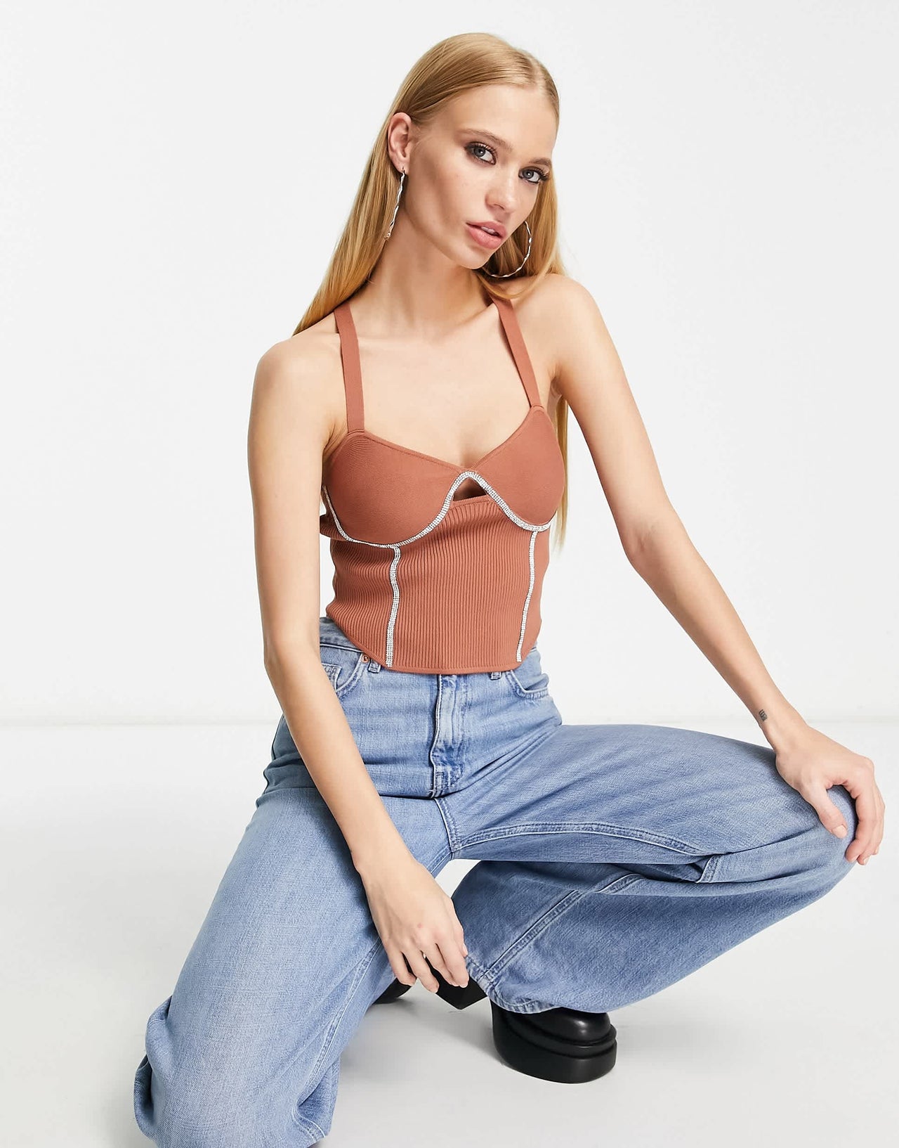 Bershka glitter trim bralet crop top in coral