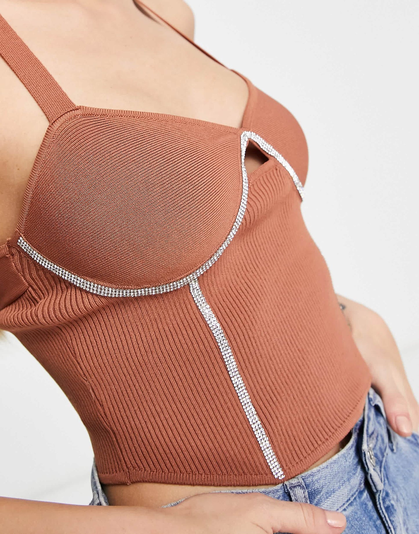 Bershka glitter trim bralet crop top in coral