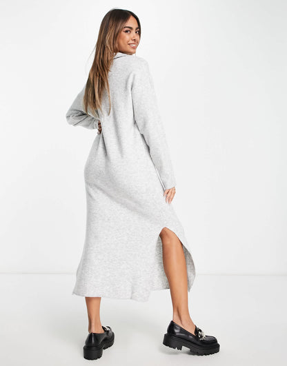 Bershka polo collar knitted midi dress in grey