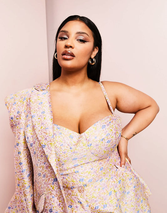 ASOS LUXE Curve co-ord jacquard cupped bralet in pink floral