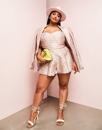 ASOS LUXE Curve co-ord jacquard cupped bralet in pink floral