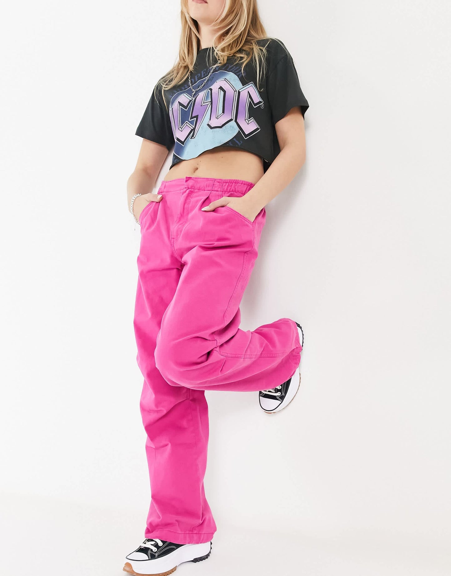Bershka baggy parachute tech pant in pink