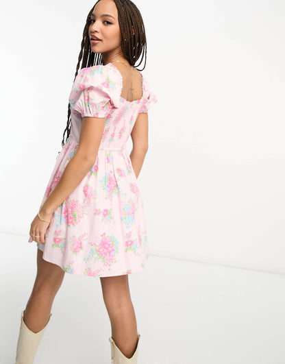 Miss Selfridge poplin corset mini tea dress in pink cluster floral