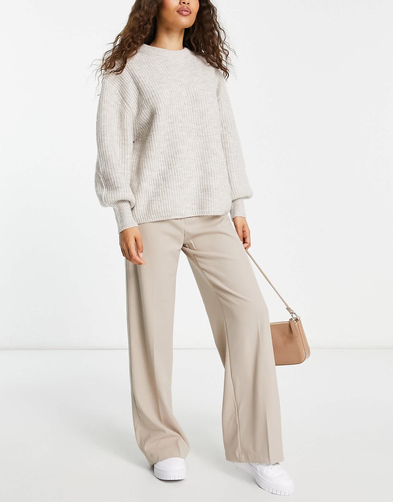 Bershka Petite wide leg dad trousers in mushroom