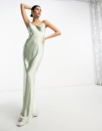 Pretty Lavish Bridesmaid Keisha cowl neck satin maxi dress in sage green