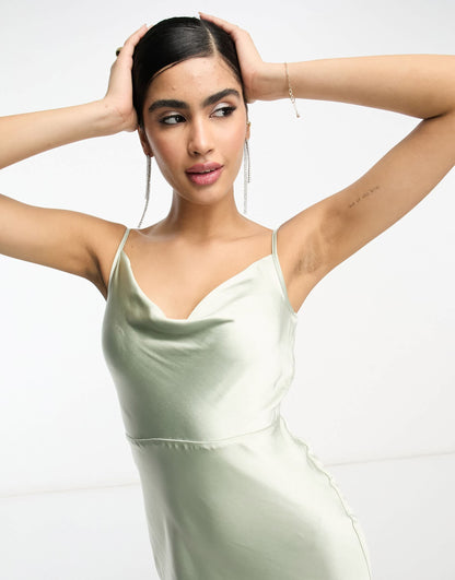 Pretty Lavish Bridesmaid Keisha cowl neck satin maxi dress in sage green