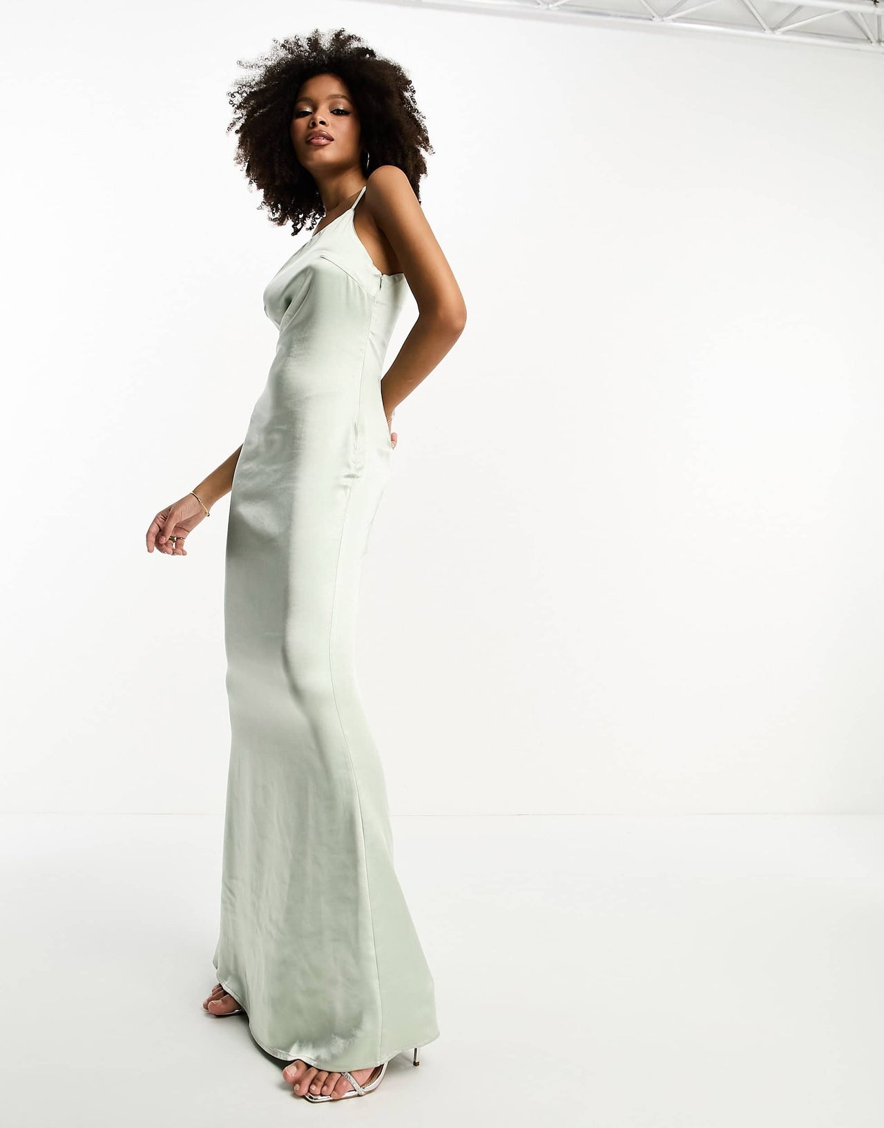 Pretty Lavish Bridesmaid one shoulder satin maxi dress in sage green