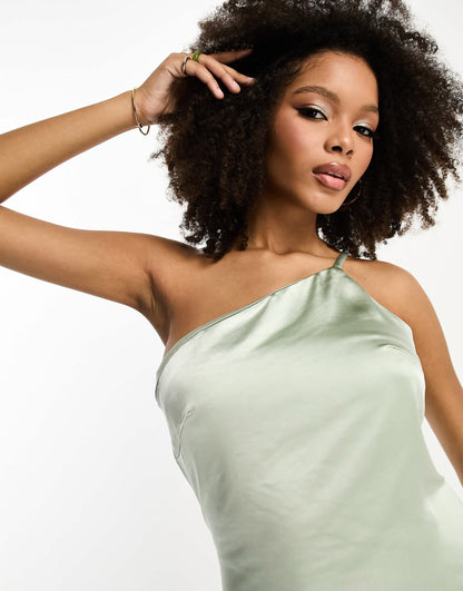 Pretty Lavish Bridesmaid one shoulder satin maxi dress in sage green