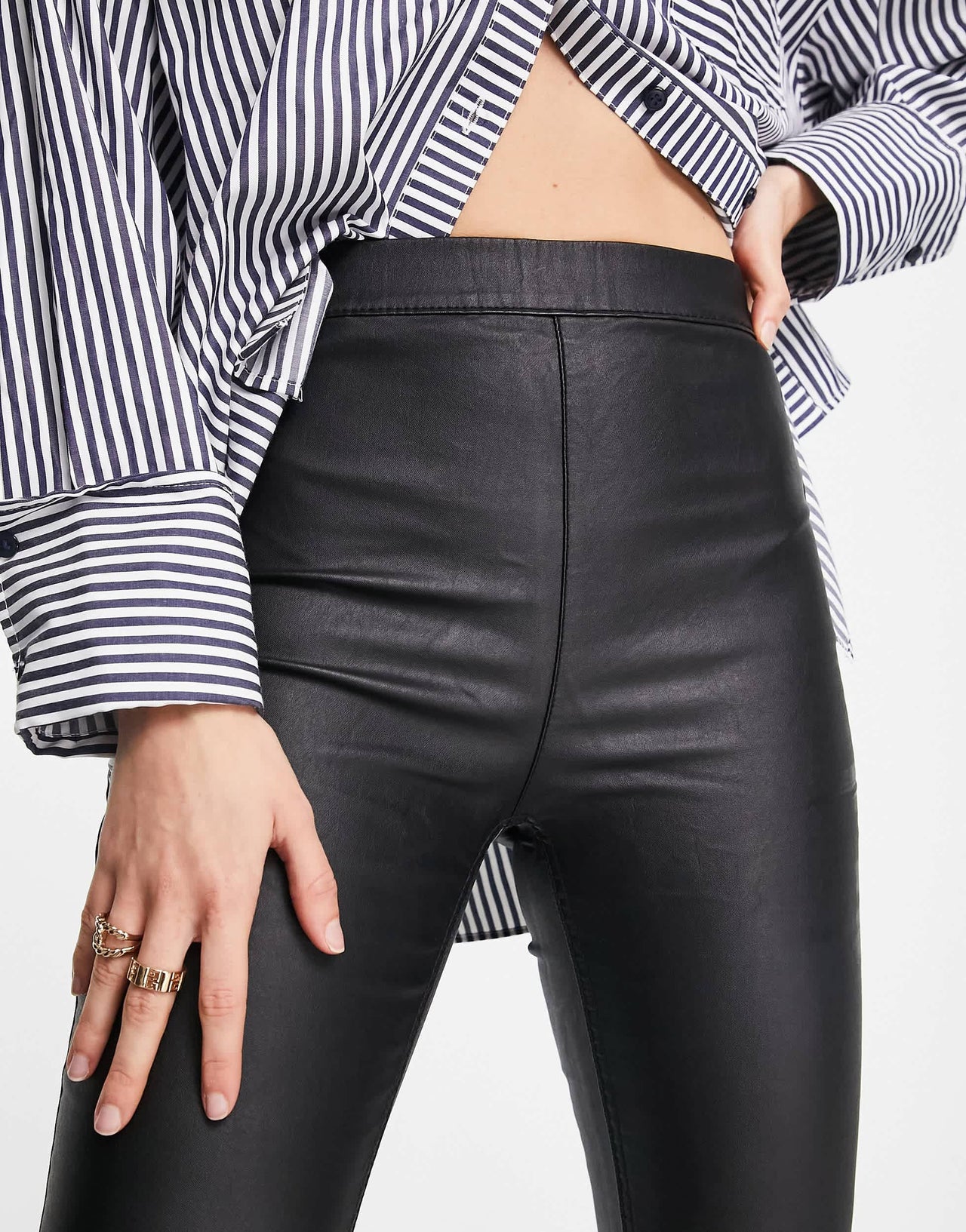 Stradivarius Tall coated flare jean with split hem detail in black