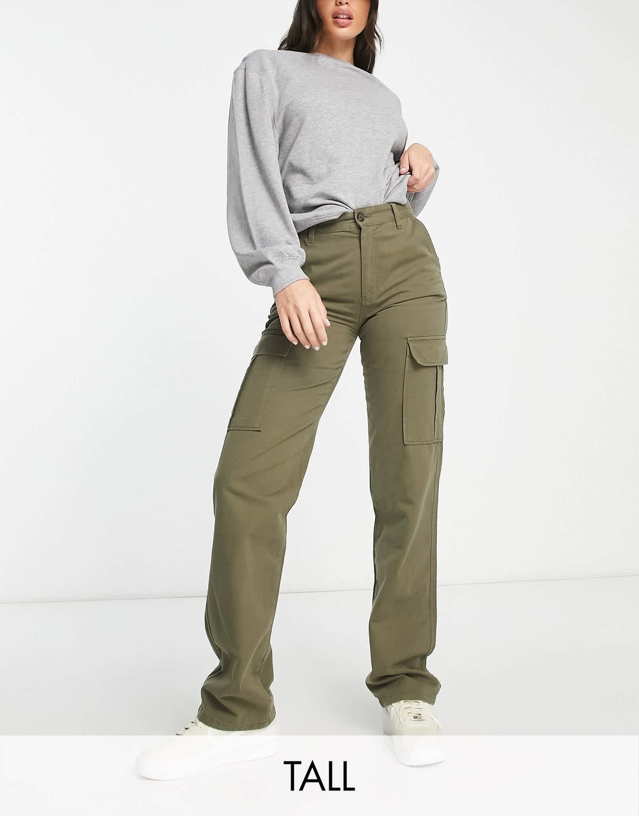 Stradivarius Tall straight leg cargo trouser in khaki