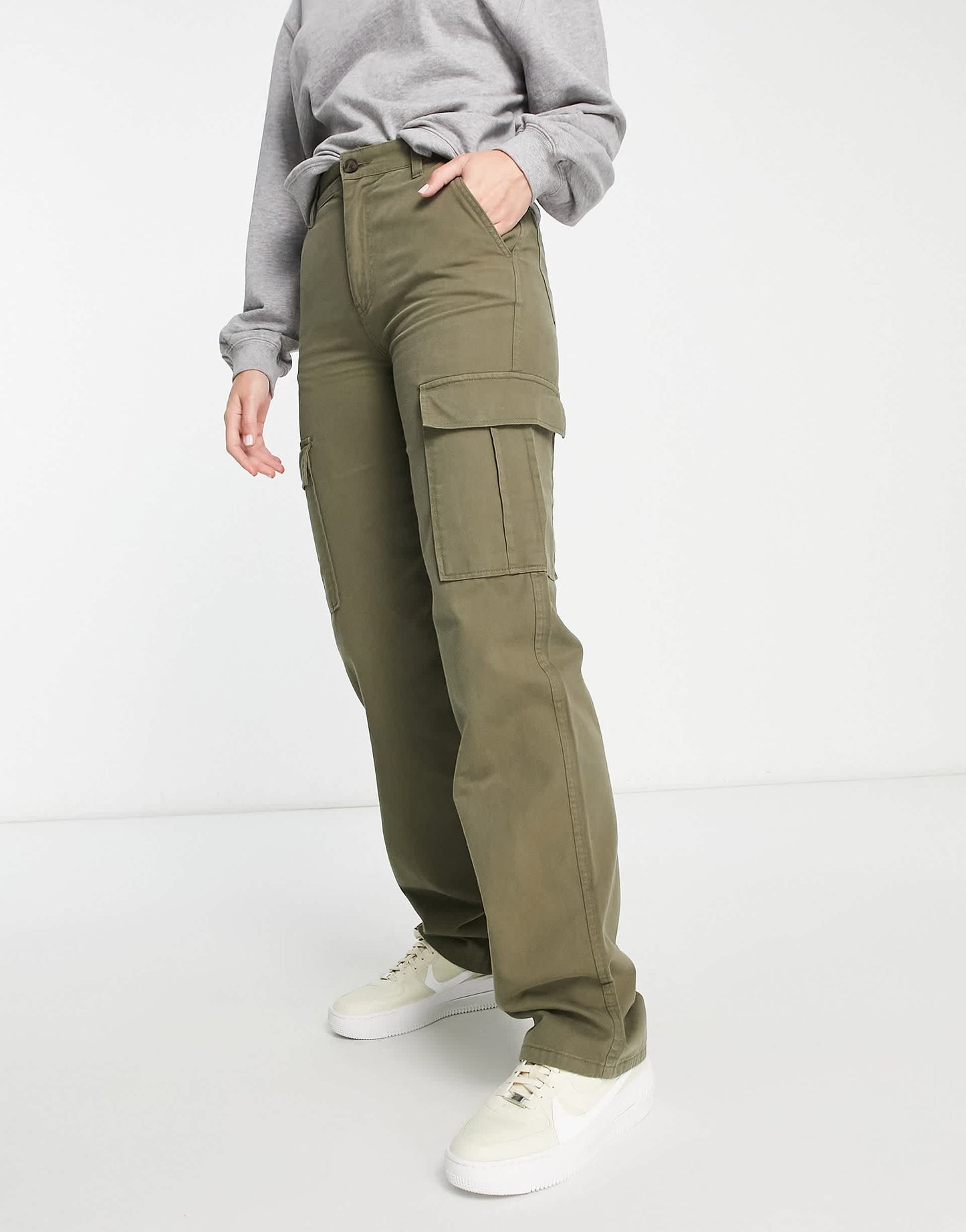 Stradivarius Tall straight leg cargo trouser in khaki
