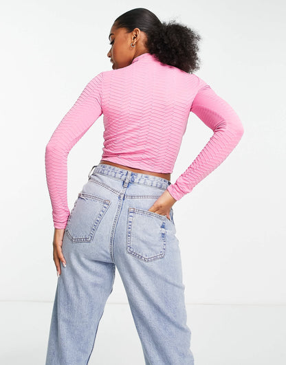 Bershka textured long sleeve top in pink